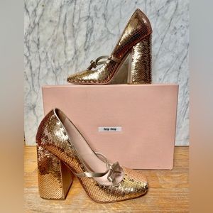 MIU MIU gold sequins Mary Jane block heels Size 39